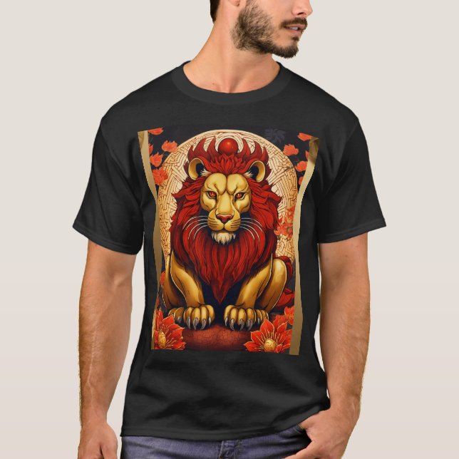 Red-Gold Japanese Lion with Spider Lilies T-Shirt (Front)