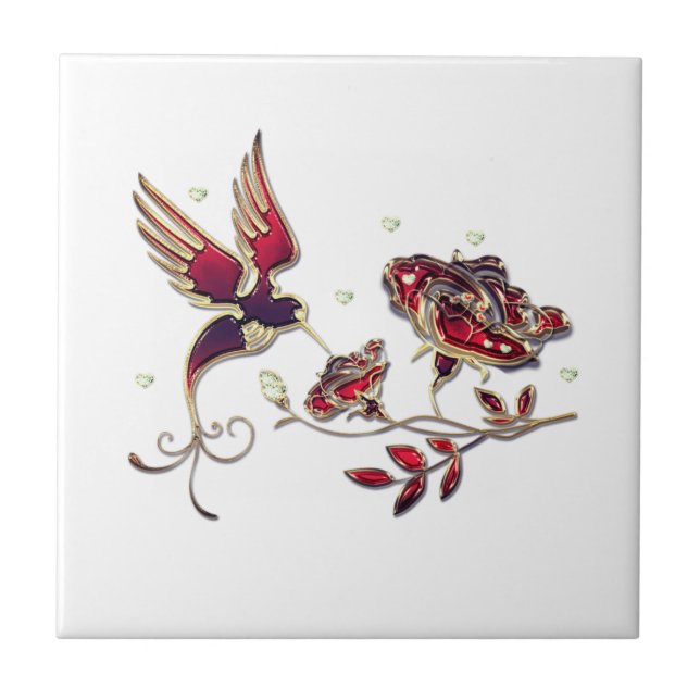 Red Gold Jewel with Bird and Rose Ceramic Tile (Front)