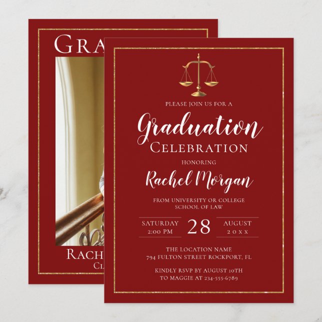 Red Gold Justice Law School Graduation Photo Invitation (Front/Back)