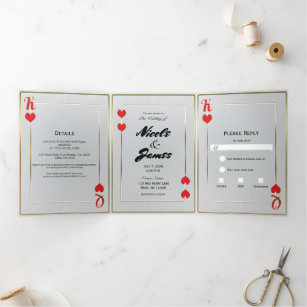 Red Gold King & Queen of Hearts Casino Wedding  Tr Tri-Fold Invitation