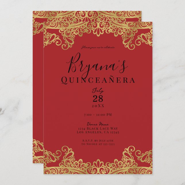 Red & Gold Lace Elegant Quinceañera Party  Invitation (Front/Back)