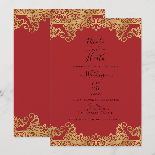 Red & Gold Lace Elegant Wedding   Invitation (Front/Back)