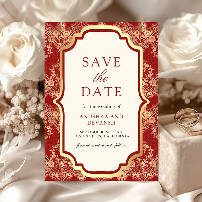 Red Gold Lace Indian Wedding Save The Date (Creator Uploaded)