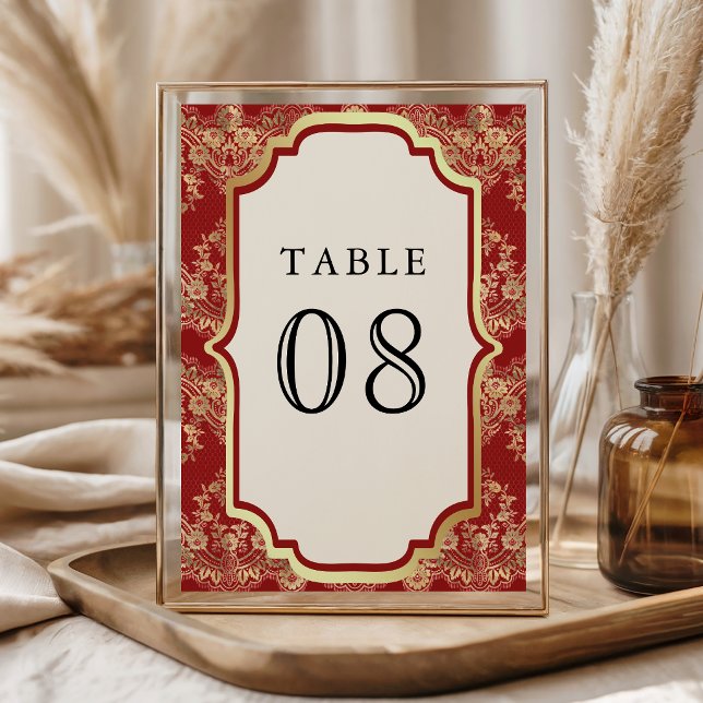 Red Gold Lace Indian Wedding Table Number (Creator Uploaded)