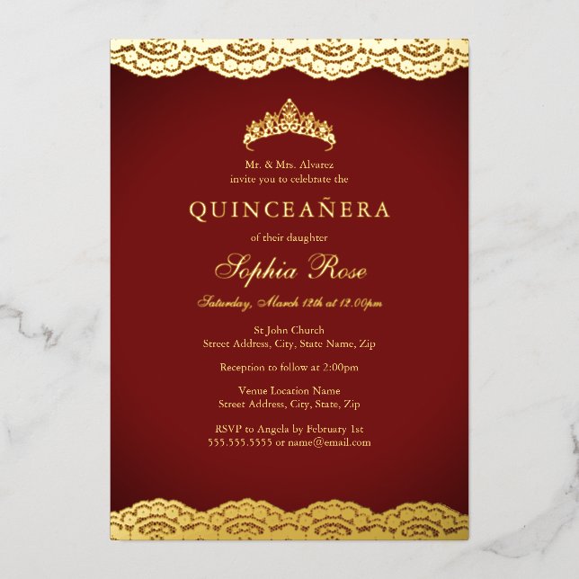 Red Gold Lace Tiara Quinceanera Foil (Front)
