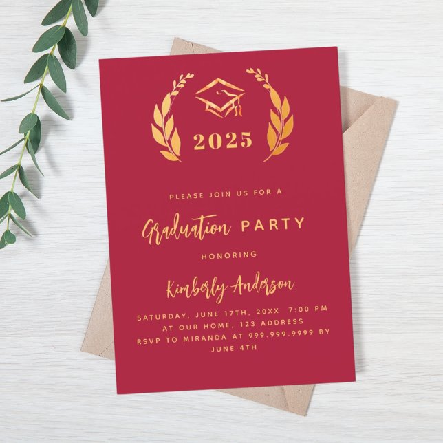Red gold laurel wreath 2025 Graduation Party Invitation (Creator Uploaded)