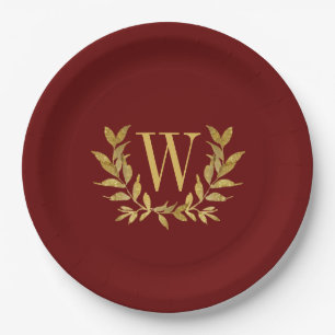Red Gold Leaf Monogram Elegant Chic Wedding Paper Plate