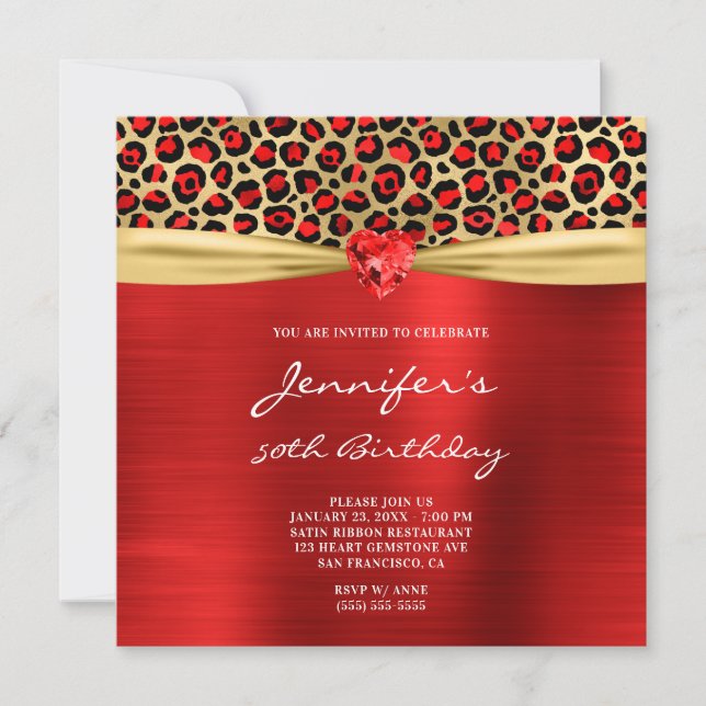 Red Gold Leopard Foil Gemstone Heart 50th Birthday Invitation (Front)