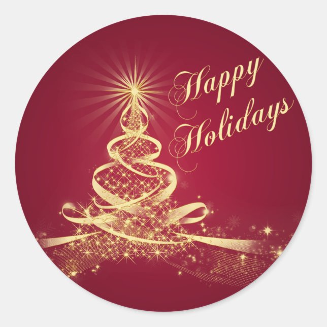 Red, Gold  Lighted Tree Happy Holidays Sticker (Front)