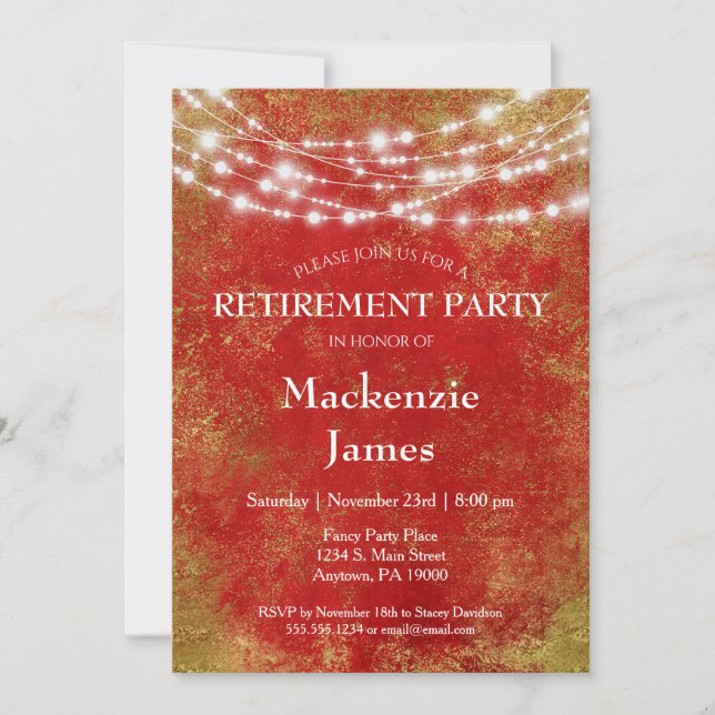 Red Gold Lights Retirement Party Invitation (Front)