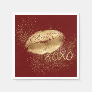 Red Gold Lips Kiss Gold Glitter XOXO Napkin
