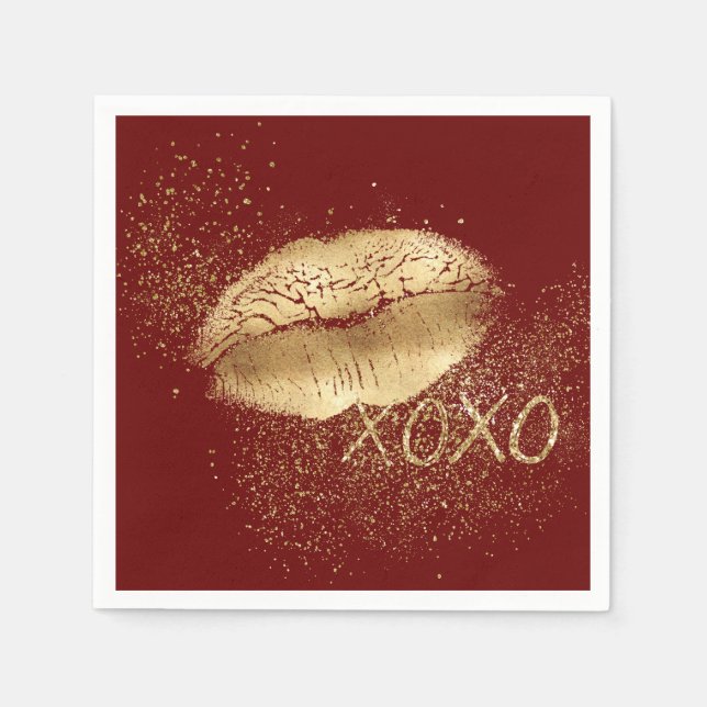 Red Gold Lips Kiss Gold Glitter XOXO Napkin (Front)