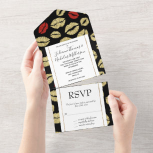Red Gold Lips Kisses Romantic Chic Wedding All In One Invitation