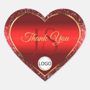 Red Gold Logo and Initials Glitter Stars Thank You Heart Sticker