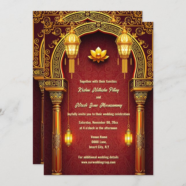 Red gold lotus flower Indian elephants elegant Invitation (Front/Back)