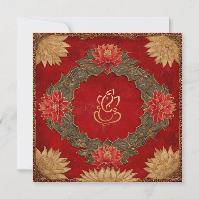 Red Gold Lotus Ganesh God Indian Wedding Invitation (Front)