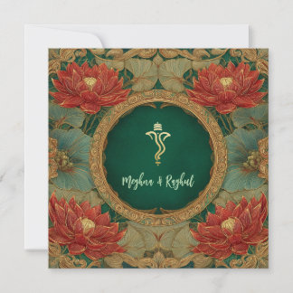 Red Gold Lotus Green Indian Ganesh Wedding Invitation