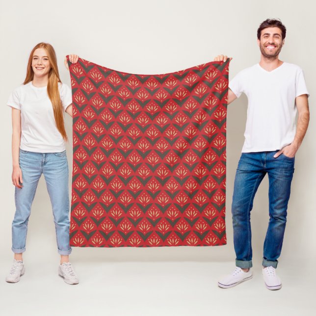 Red gold lotus vintage ethnic pattern fleece blanket (In Situ)