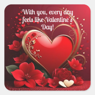 Red-Gold Love Heart Valentines Square Sticker