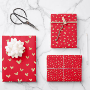Red Gold Love Hearts Pattern Wrapping Paper Sheet