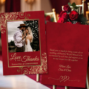 Red & Gold Love & Thanks Photo & Note Wedding Thank You Card