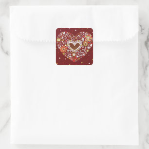 Red Gold Love You Heart Flowers Butterfly Square Sticker