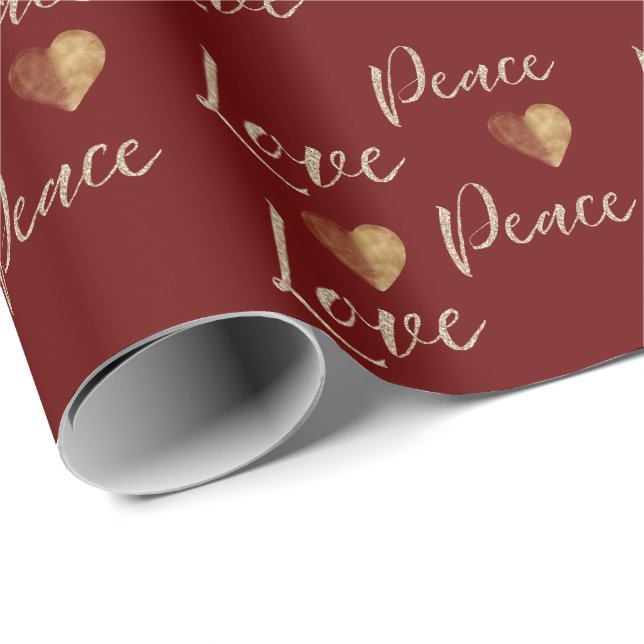 Red Gold Luxe Glitter Love Peace Hearts Wrapping Paper (Roll Corner)