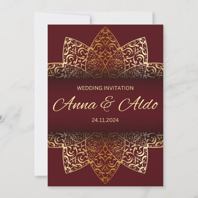 Red gold luxury wedding invitation card (Front)