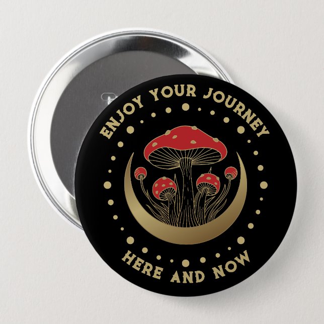 Red & Gold Magic Mushrooms Crescent Moon On Black 10 Cm Round Badge (Front & Back)