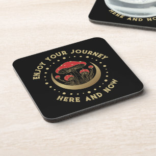 Red & Gold Magic Mushrooms Crescent Moon On Black Coaster