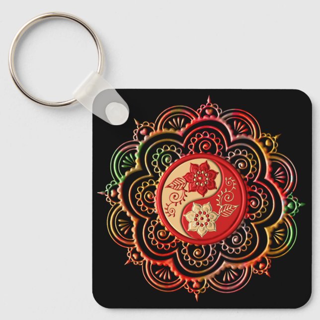 Red & Gold Mandala Key Ring (Front)