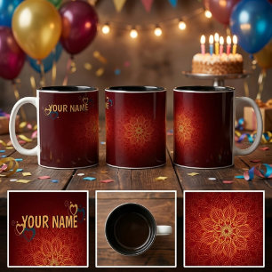 Red Gold Mandala Personalised Mug Custom Name