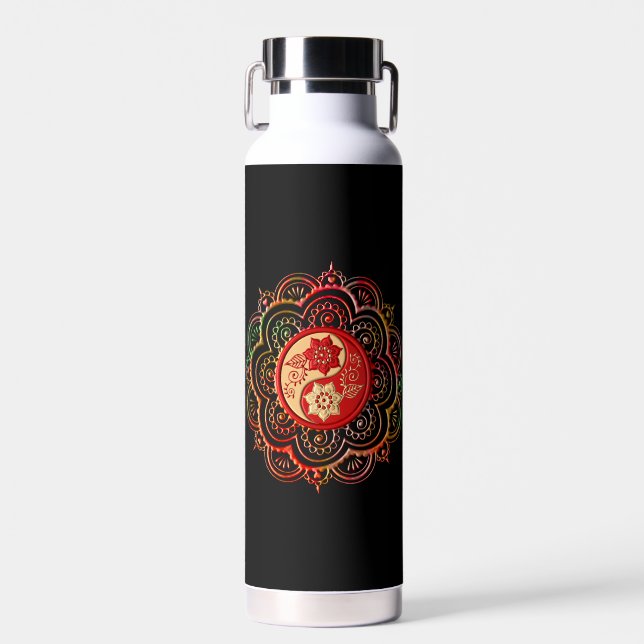 Red & Gold Mandala water bottle (Front)