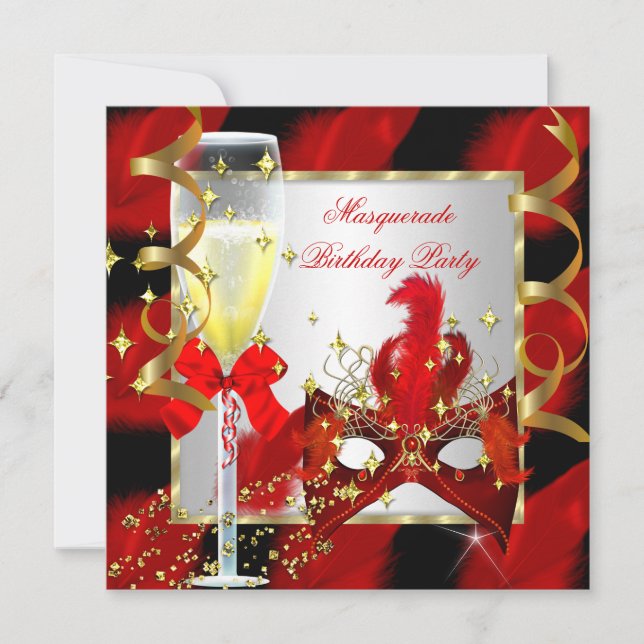 RED Gold Mask Masquerade Party Birthday Invitation (Front)