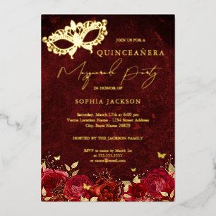 Red Gold Mask Masquerade Party Rose Quinceanera 