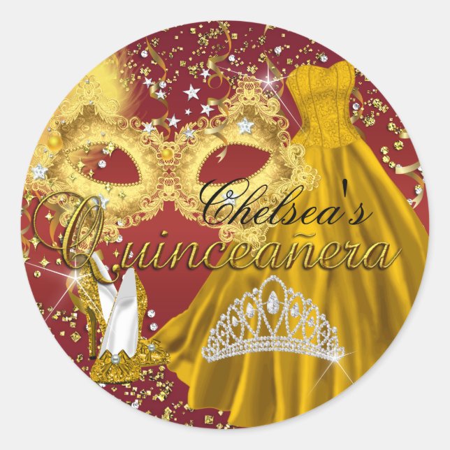Red & Gold Mask Masquerade Quinceanera Sticker (Front)