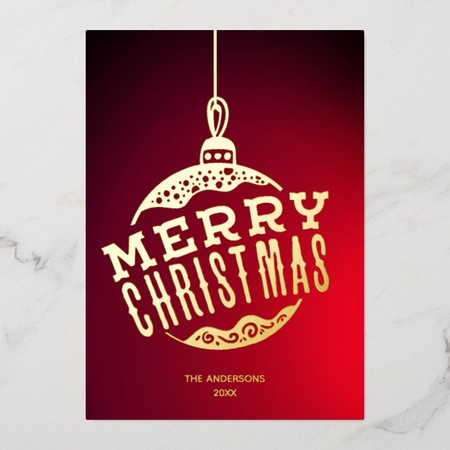 Red Gold Merry Christmas Ball Family Name Xmas Foil Holiday Card (Front)