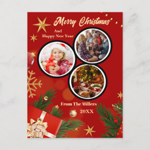 Red & Gold Merry Christmas & Happy New Year Photo Holiday Postcard