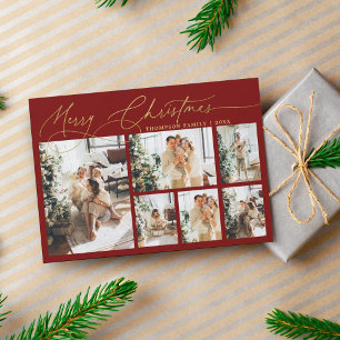 Red Gold Merry Christmas Script Photo Collage Holiday Card