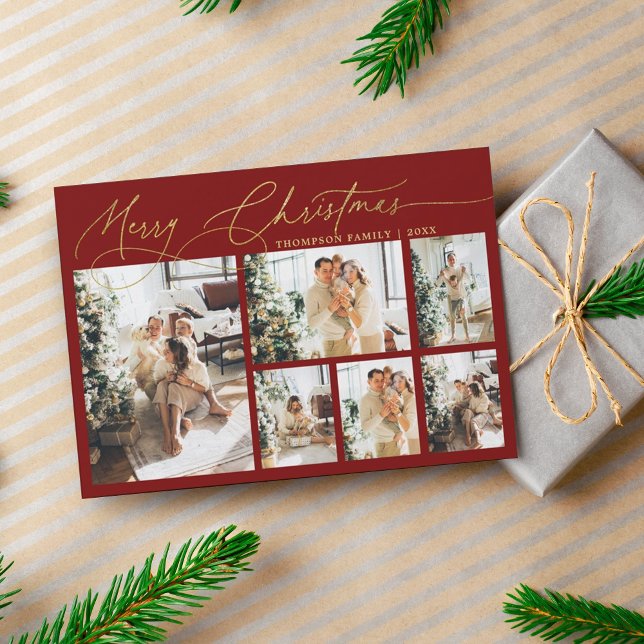 Red Gold Merry Christmas Script Photo Collage Holiday Card (Creator Uploaded)