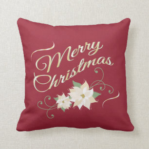 Red & Gold Merry Christmas & White Poinsettias Cushion