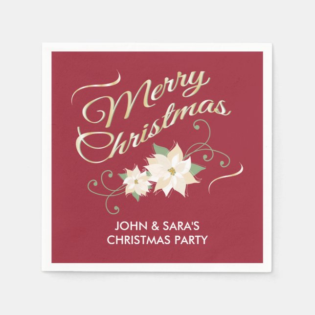 Red & Gold Merry Christmas & White Poinsettias Napkin (Front)