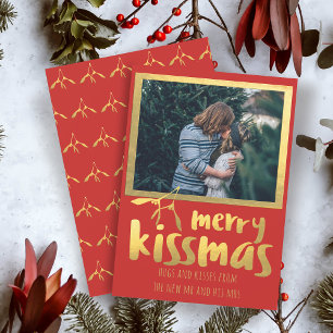 Red Gold Merry Kissmas Photo Holiday Card