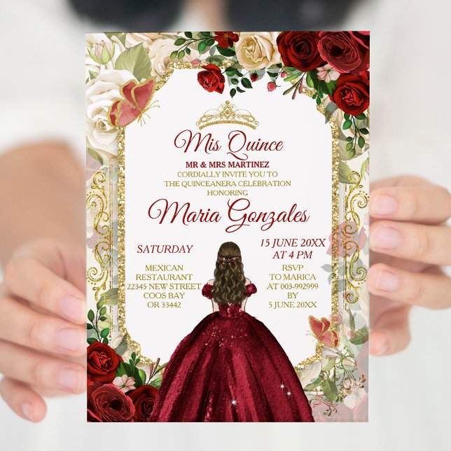 Red & Gold Mexican Mis Quince XV Anos Butterfly Invitation (Creator Uploaded)