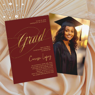Red & Gold Minimal Scripted Grad Ceremony Photo Invitation