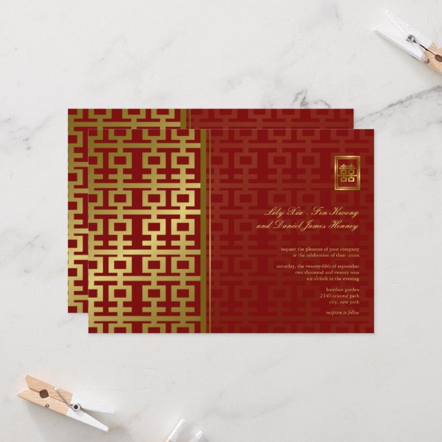 Red & Gold Modern Double Happiness Chinese Wedding Invitation (Front/Back In Situ)