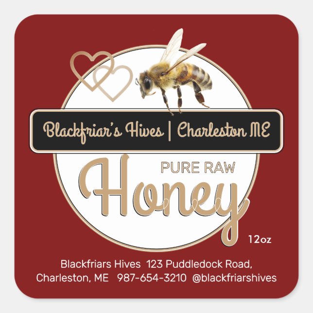 Red Gold Modern Script Honey with Honeybee Square Sticker (Front)