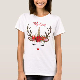 Red & Gold Monogram Christmas Unicorn Reindeer T-Shirt