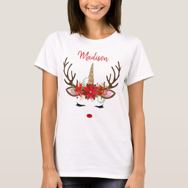 Red & Gold Monogram Christmas Unicorn Reindeer T-Shirt (Front)