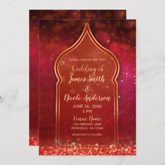 Red & Gold Moroccan Arabian Nights Wedding Invitation (Front/Back)